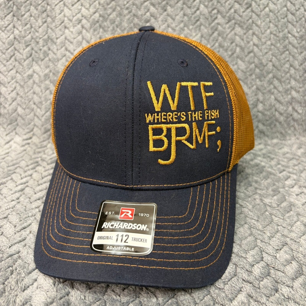 Richardson Trucker Hat WTF Fish BJRM Mens OSFM Navy Gold Mesh Snapback